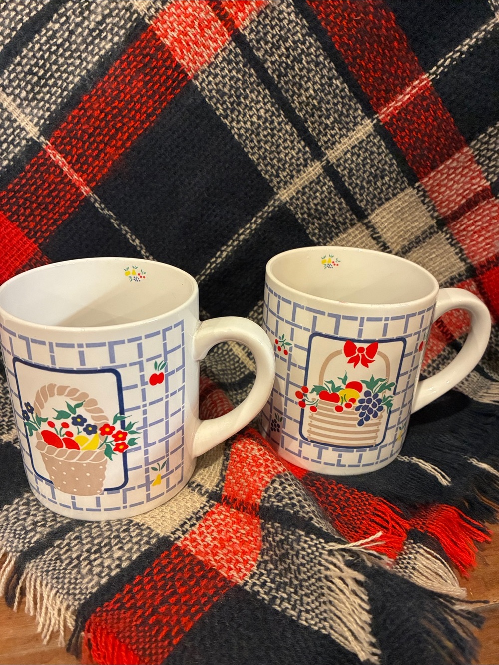 1980’s Basket Print David Davir Mugs - Set of 2 CottageCore Made in Korea